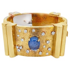 Pulsera ancha retro con cabujón de zafiro y diamantes