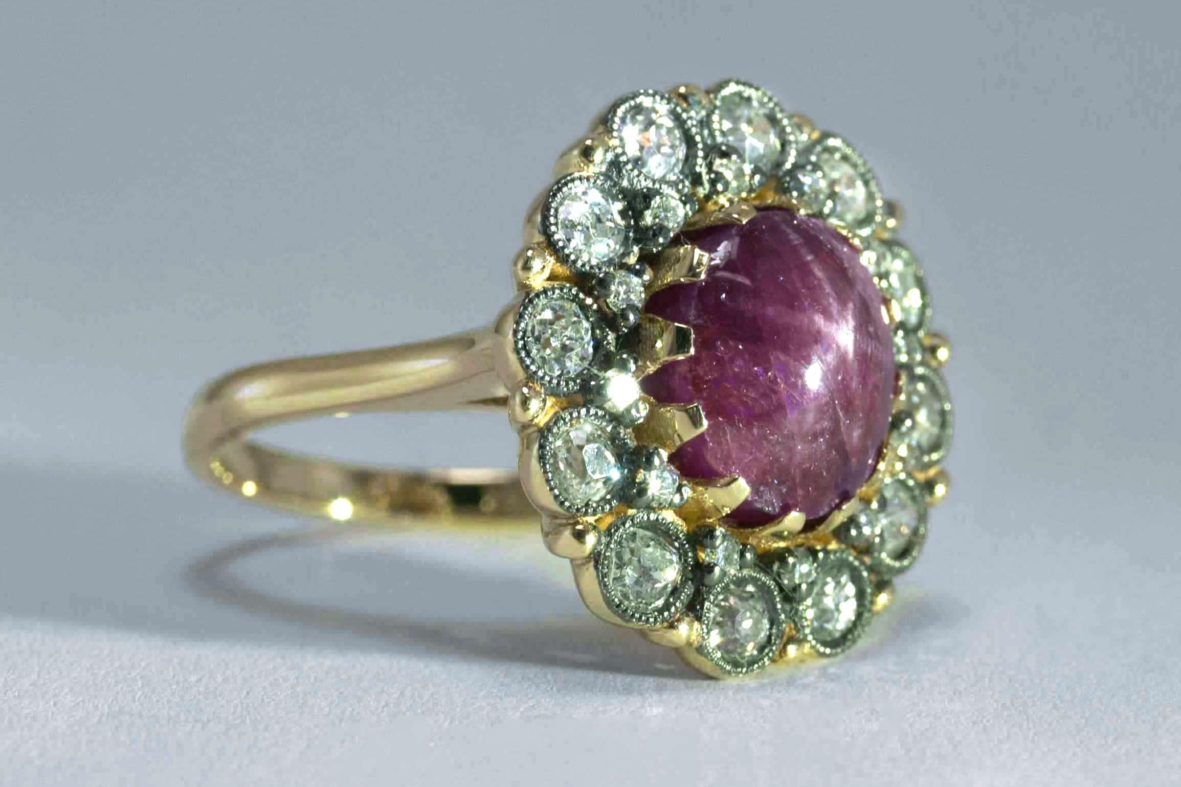 Retro Cabochon Star Ruby Diamond Halo Milgrain Bead 14 Karat Gold Dome Ring In Good Condition In Santa Barbara, CA