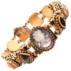 Vintage Cameo and Gemstone 14 Karat Yellow Gold Slider Bracelet