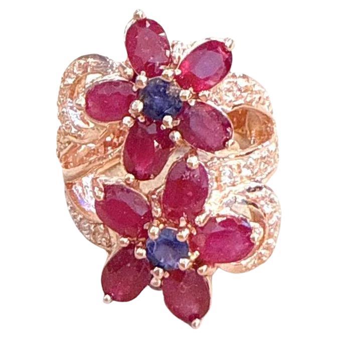 Anillo retro "Capri" de rubí rojo y zafiro azul en oro de 18 quilates y plata en venta