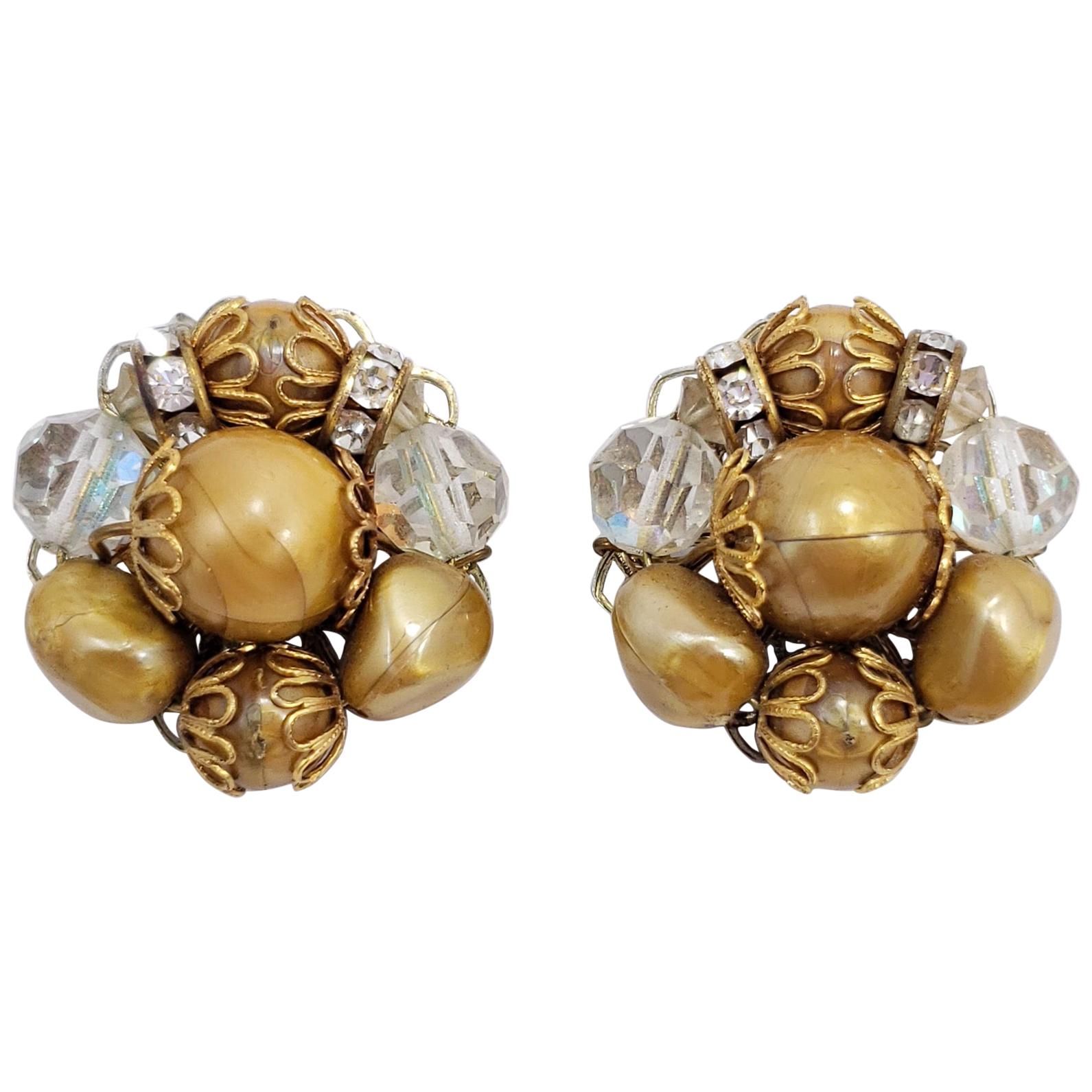 Retro Caramel Bead and Aurora Borealis Crystal Cluster Clip on Earrings For Sale