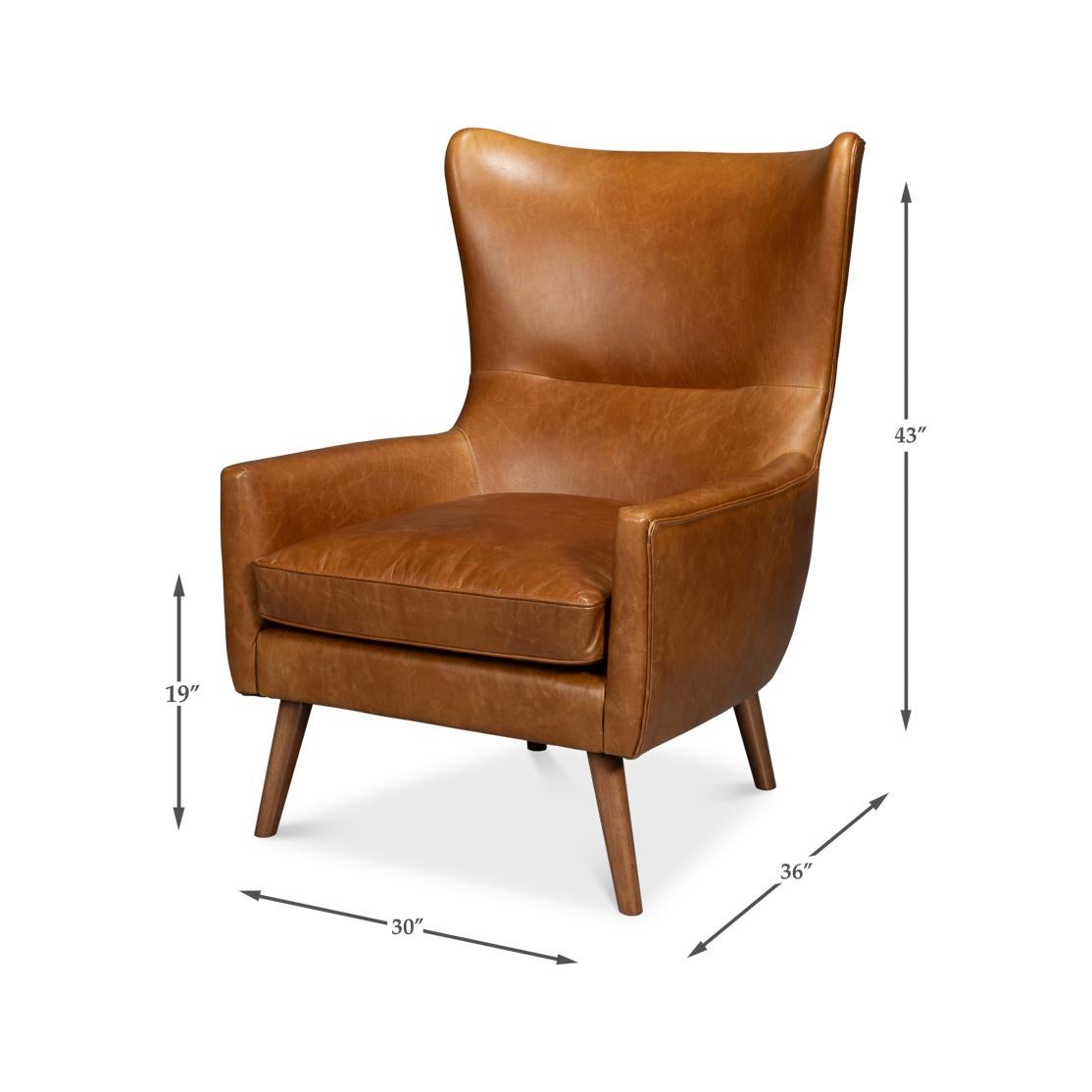 Retro Caramel Leather Wingback Chair For Sale 4