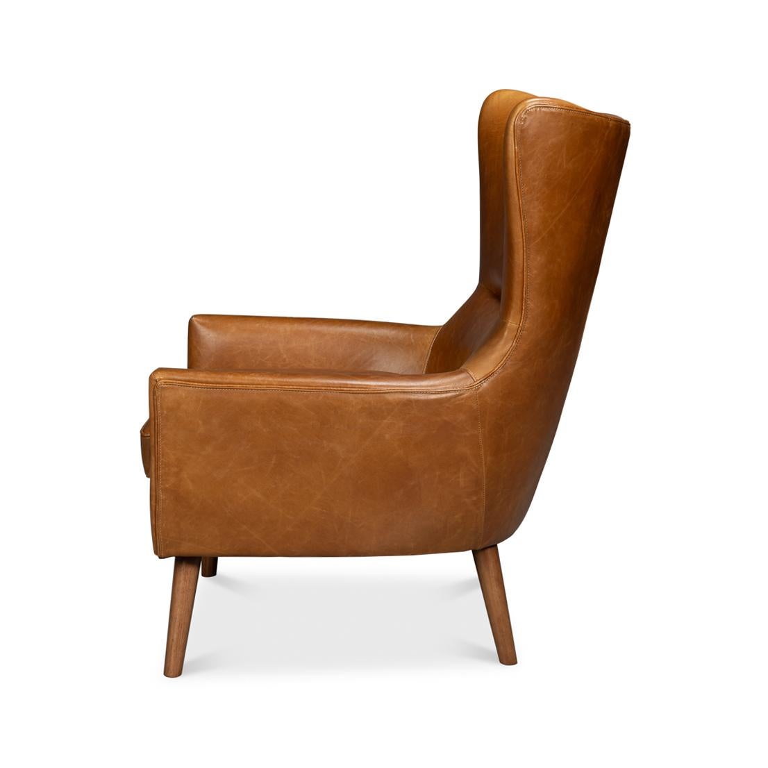 Mid-Century Modern Retro Caramel Leather Wingback Chair For Sale