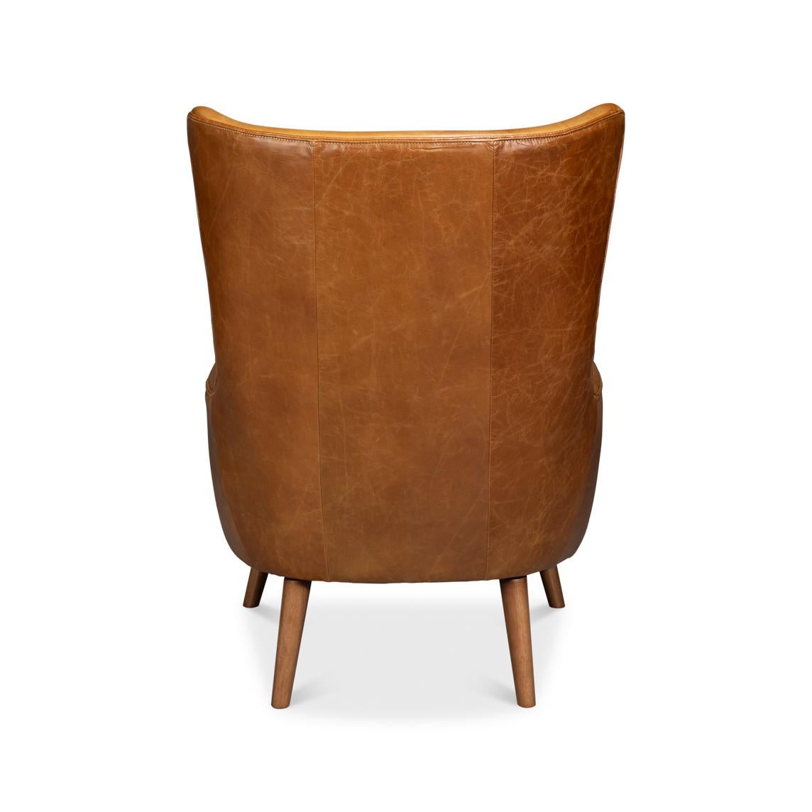 Asian Retro Caramel Leather Wingback Chair For Sale