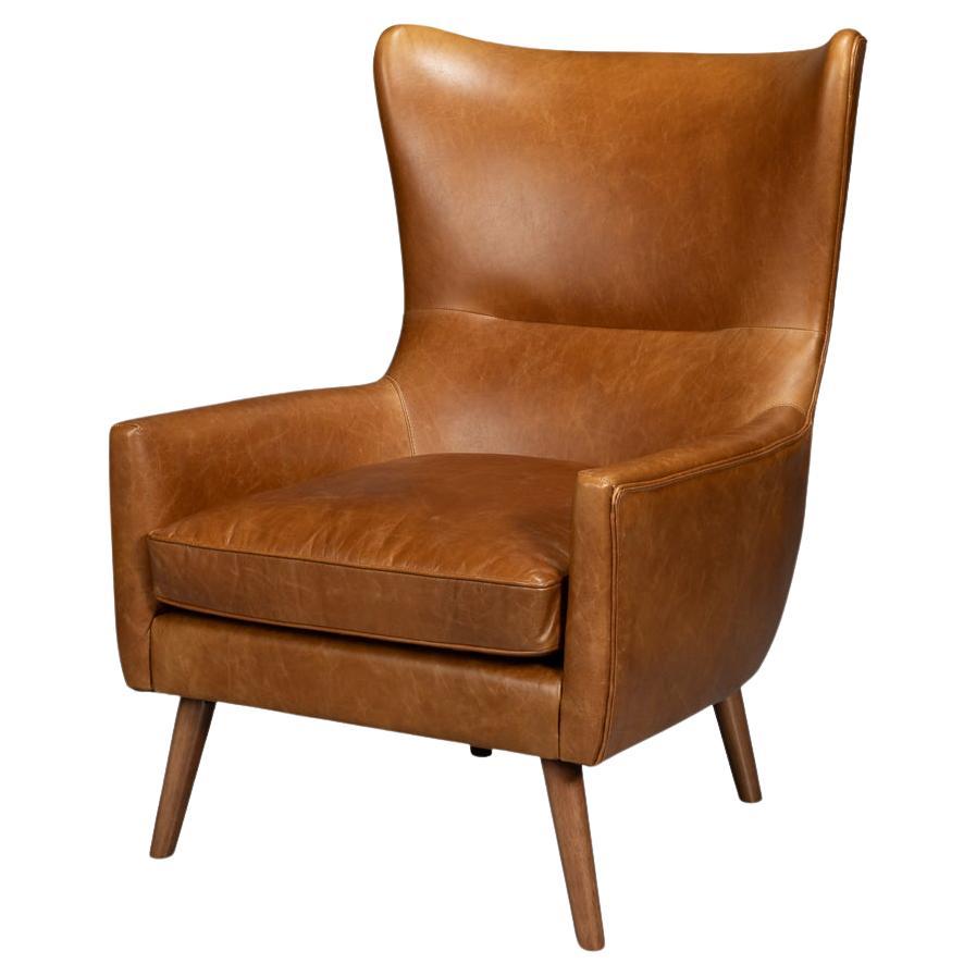 Retro Caramel Leather Wingback Chair For Sale