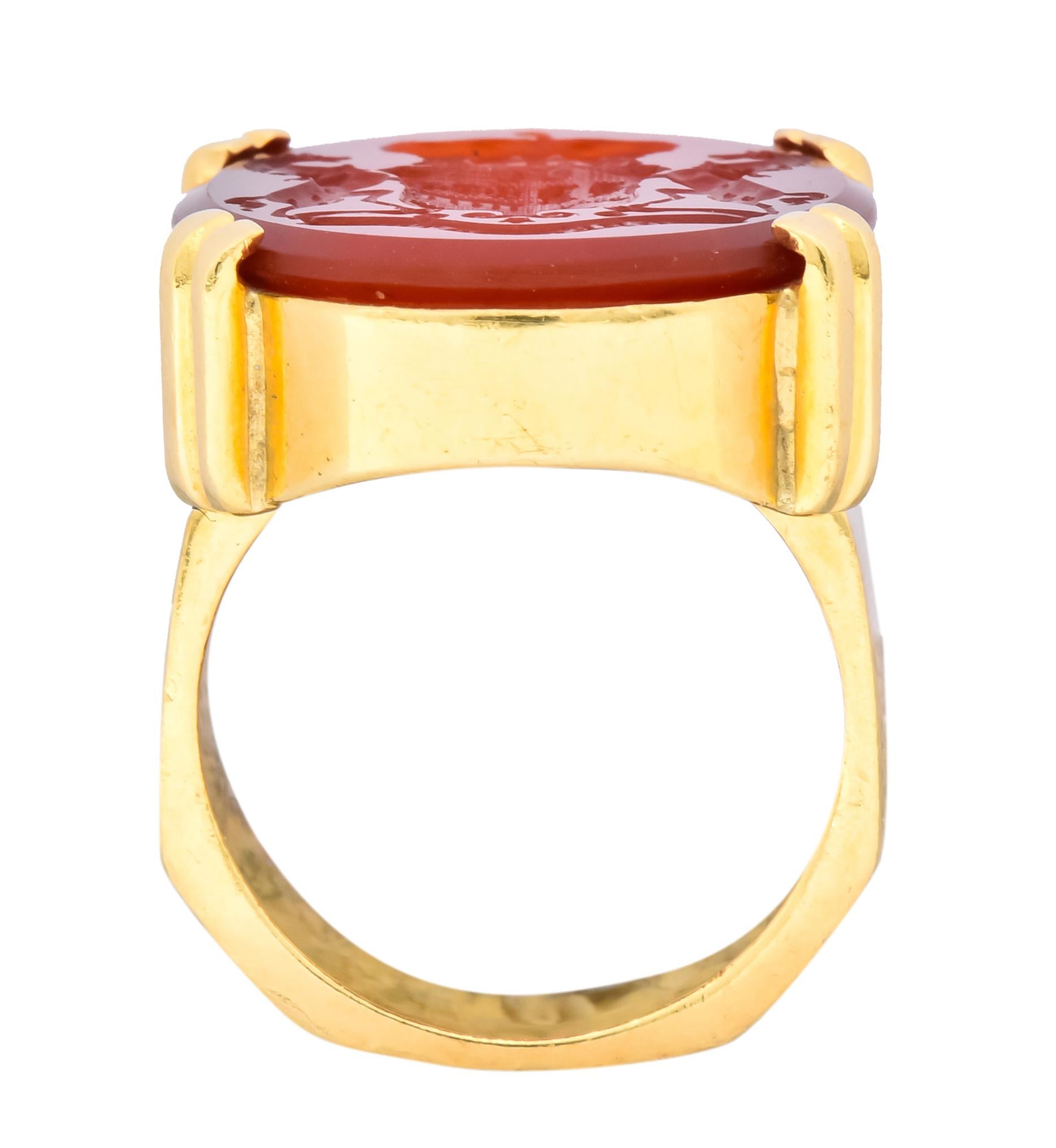 Retro Carnelian Intaglio 18 Karat Gold Deo Regi Patria Ring 3