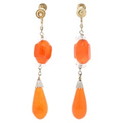 Retro Carnelian Rock Crystal 14 Karat White Gold Screwback Drop Earrings 