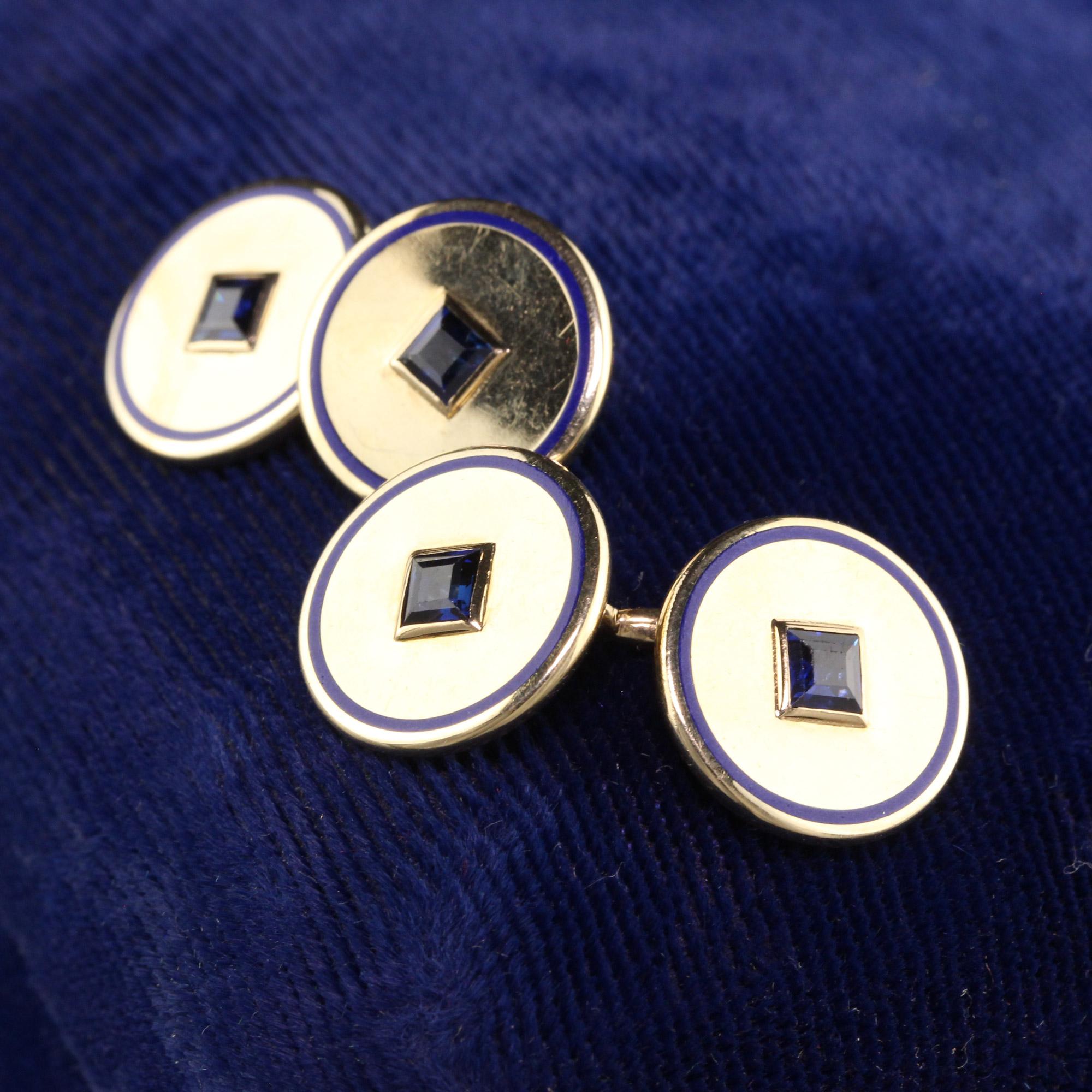 Beautiful Retro Cartier 14K Yellow Gold Sapphire and Enamel Round Cufflinks. This beautiful set of cufflinks are crafted in 14K yellow gold. The cufflinks are in great condition and have blue enamel going around the top with a beautiful natural blue