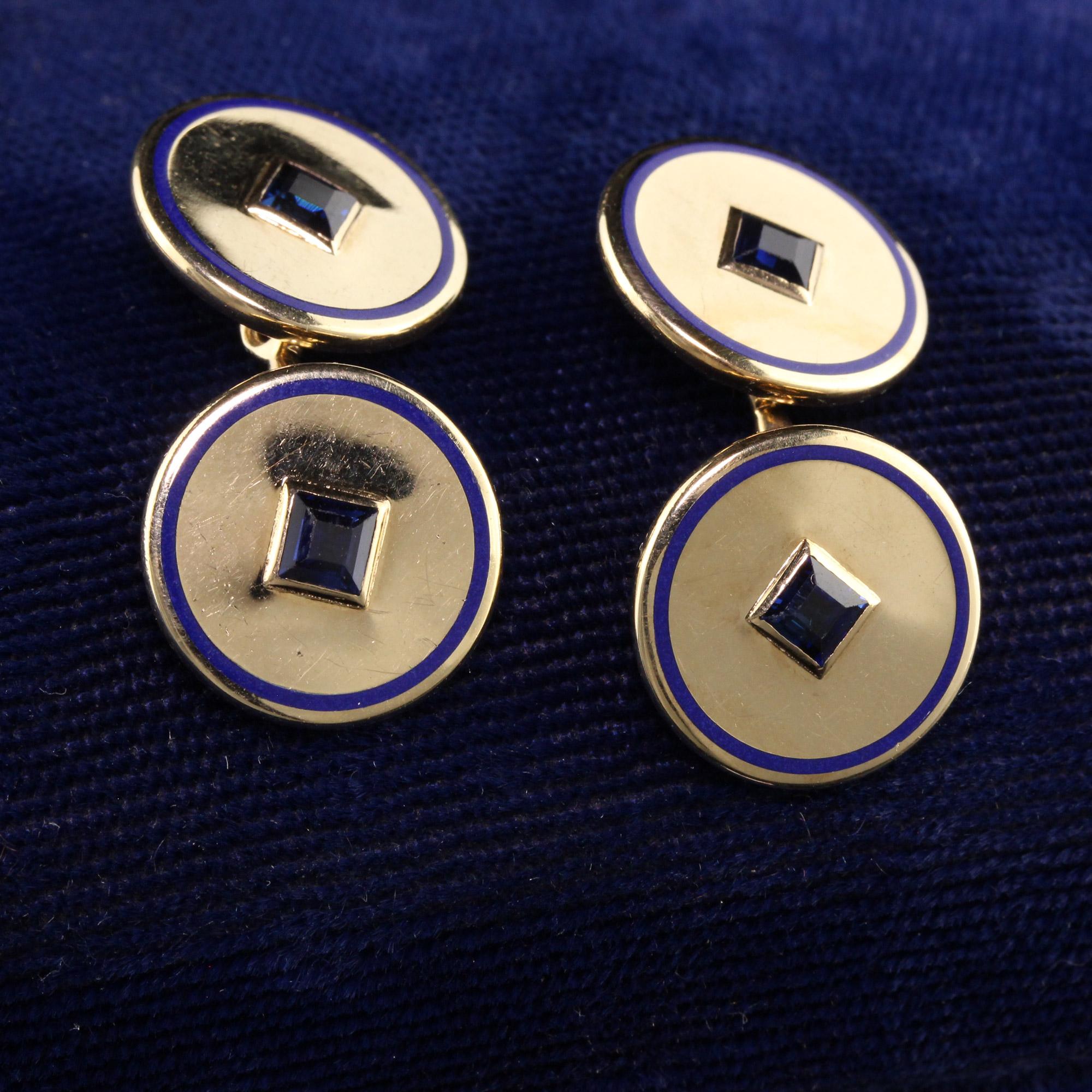 Square Cut Retro Cartier 14K Yellow Gold Sapphire and Enamel Round Cufflinks For Sale