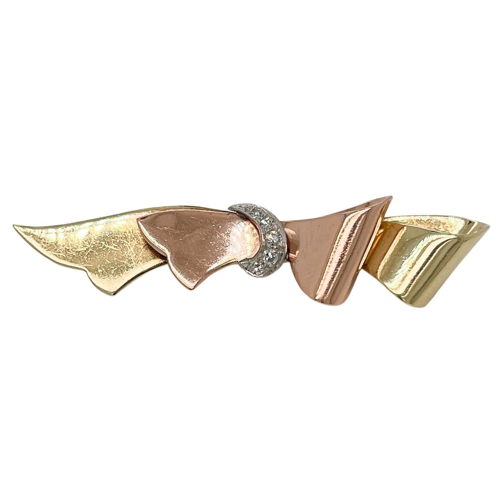 Retro Cartier Diamond & 14 Karat Yellow and Rose Gold Ribbon Brooch For Sale