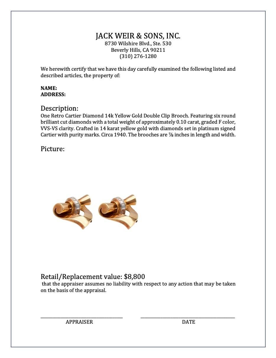 Cartier Broche rétro à double clip en or jaune 14 carats avec diamants en vente 1