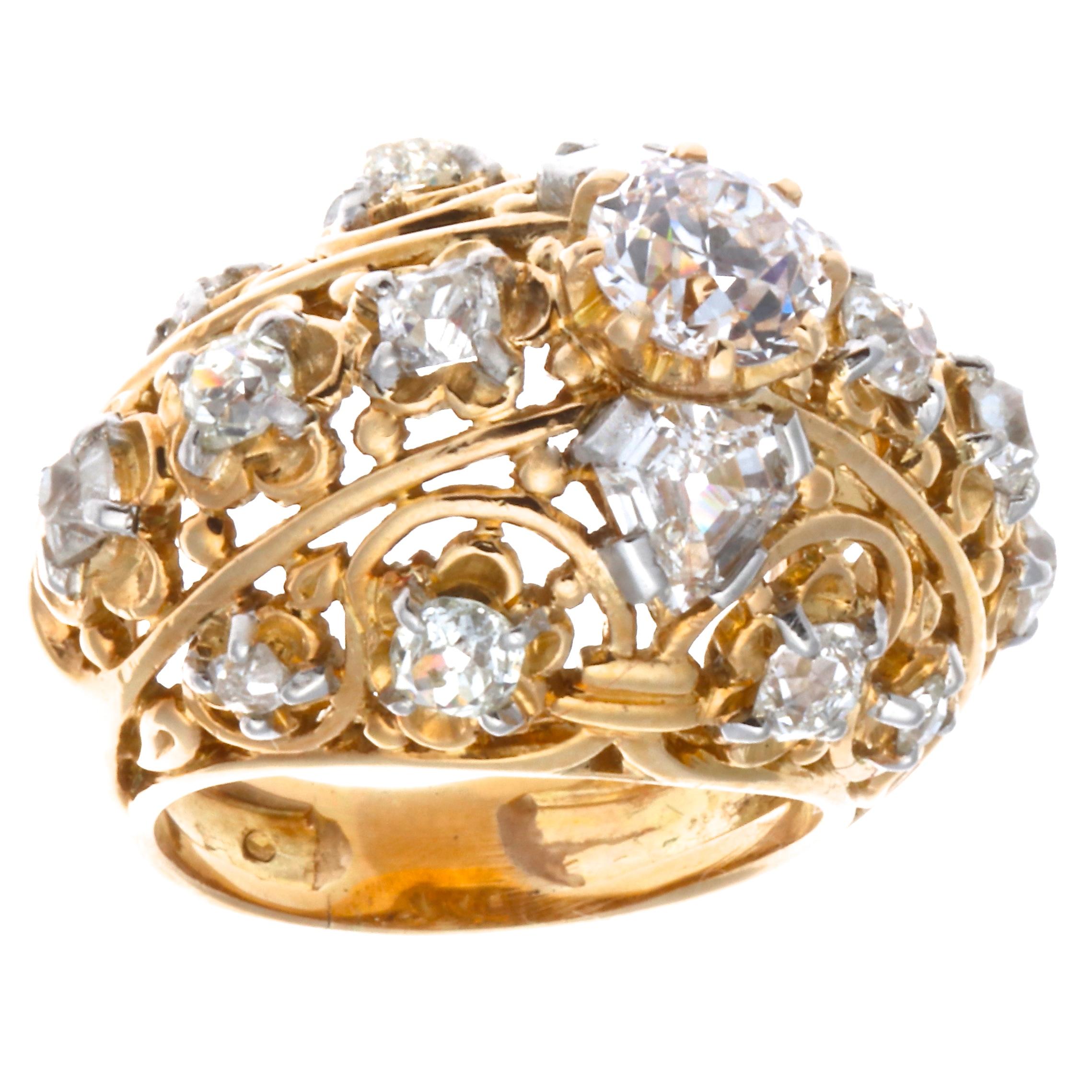 Trillion Cut Retro Cartier Diamond Gold Ring