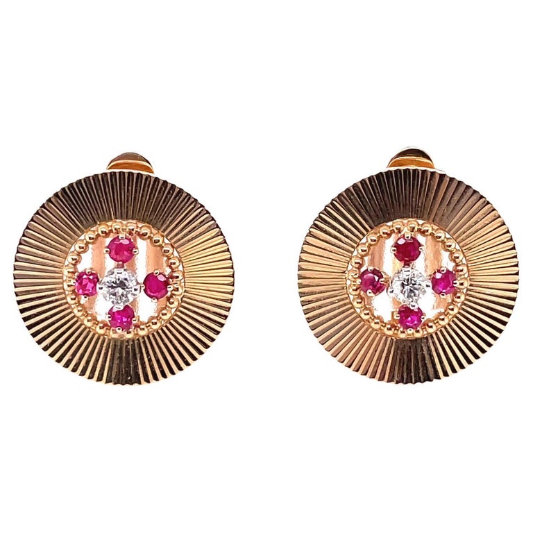 Retro Cartier Diamond Ruby 14 Karat Gold Disk Clip Earring For Sale at ...