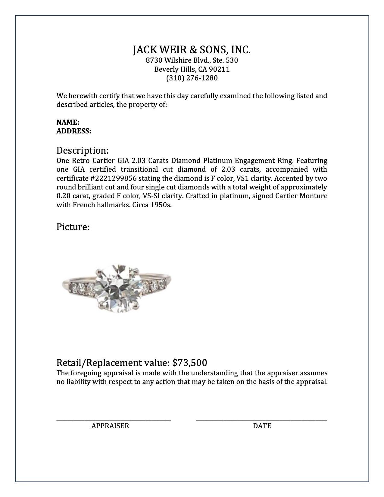 Women's or Men's Retro Cartier GIA 2.03 Carats Diamond Platinum Engagement Ring