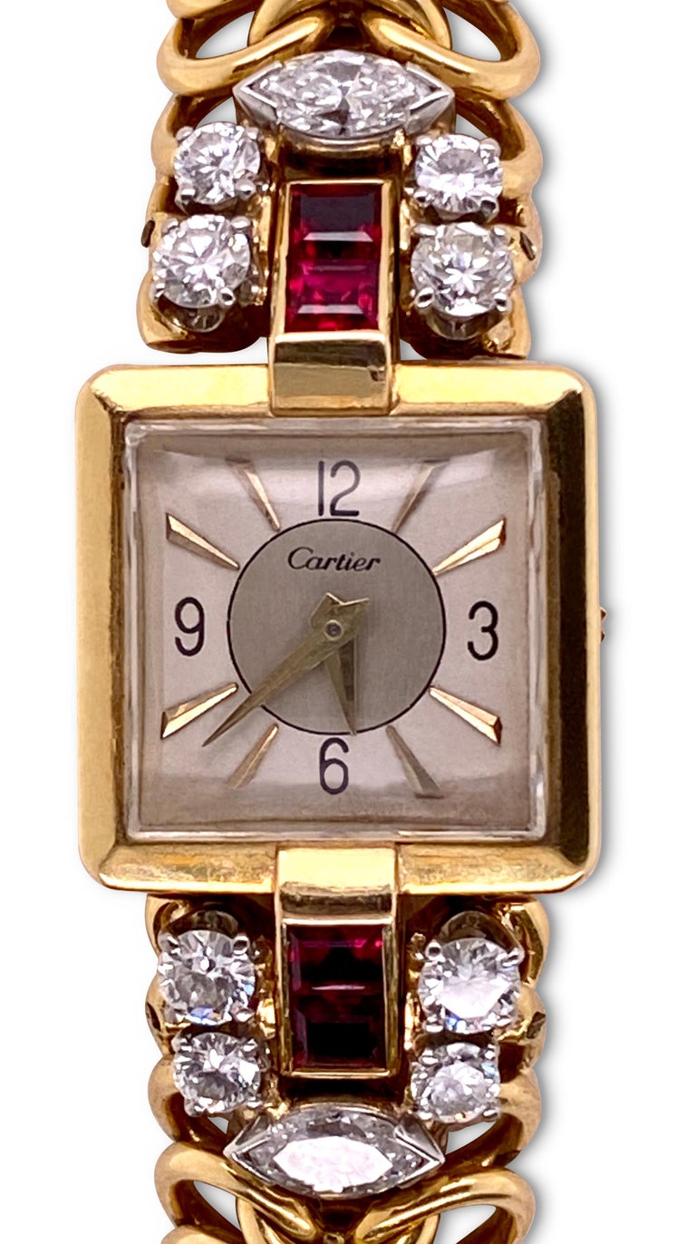 Retro Cartier Gold Diamond and Ruby Ladies Dress Watch at 1stDibs