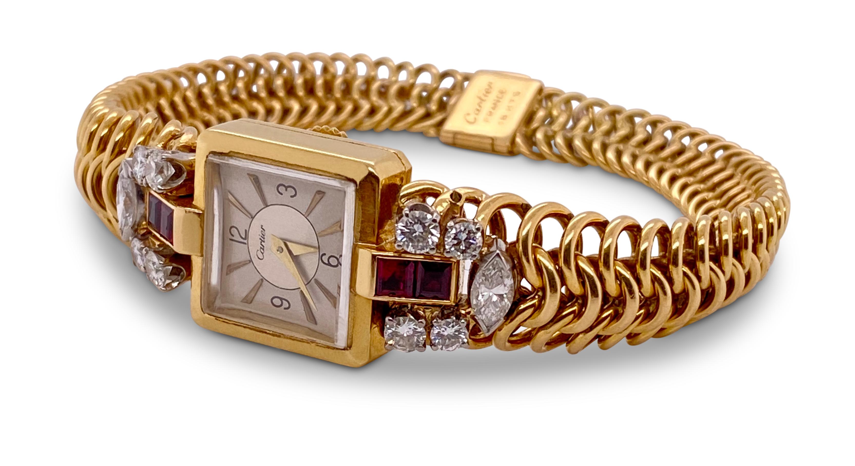 Retro Cartier Gold Diamond and Ruby Ladies Dress Watch In Excellent Condition In New York, NY