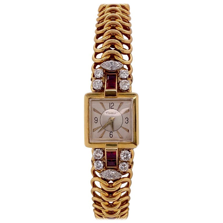 Retro Cartier Gold Diamond and Ruby Ladies Dress Watch at 1stDibs