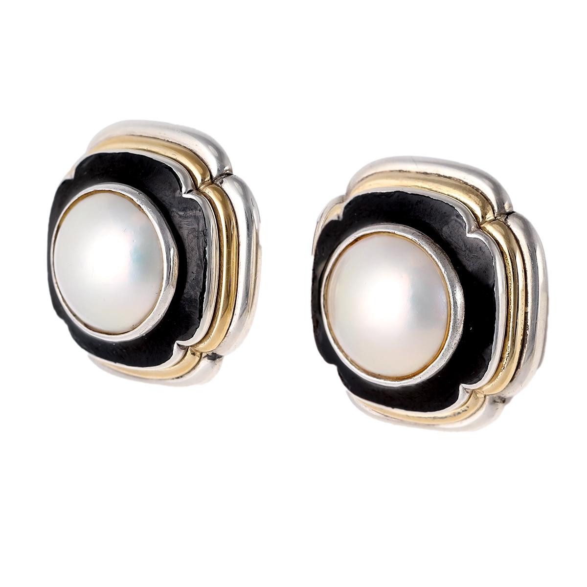 Women's or Men's Retro Cartier Pearl Black Enamel Sterling Silver 18k Gold Earrings