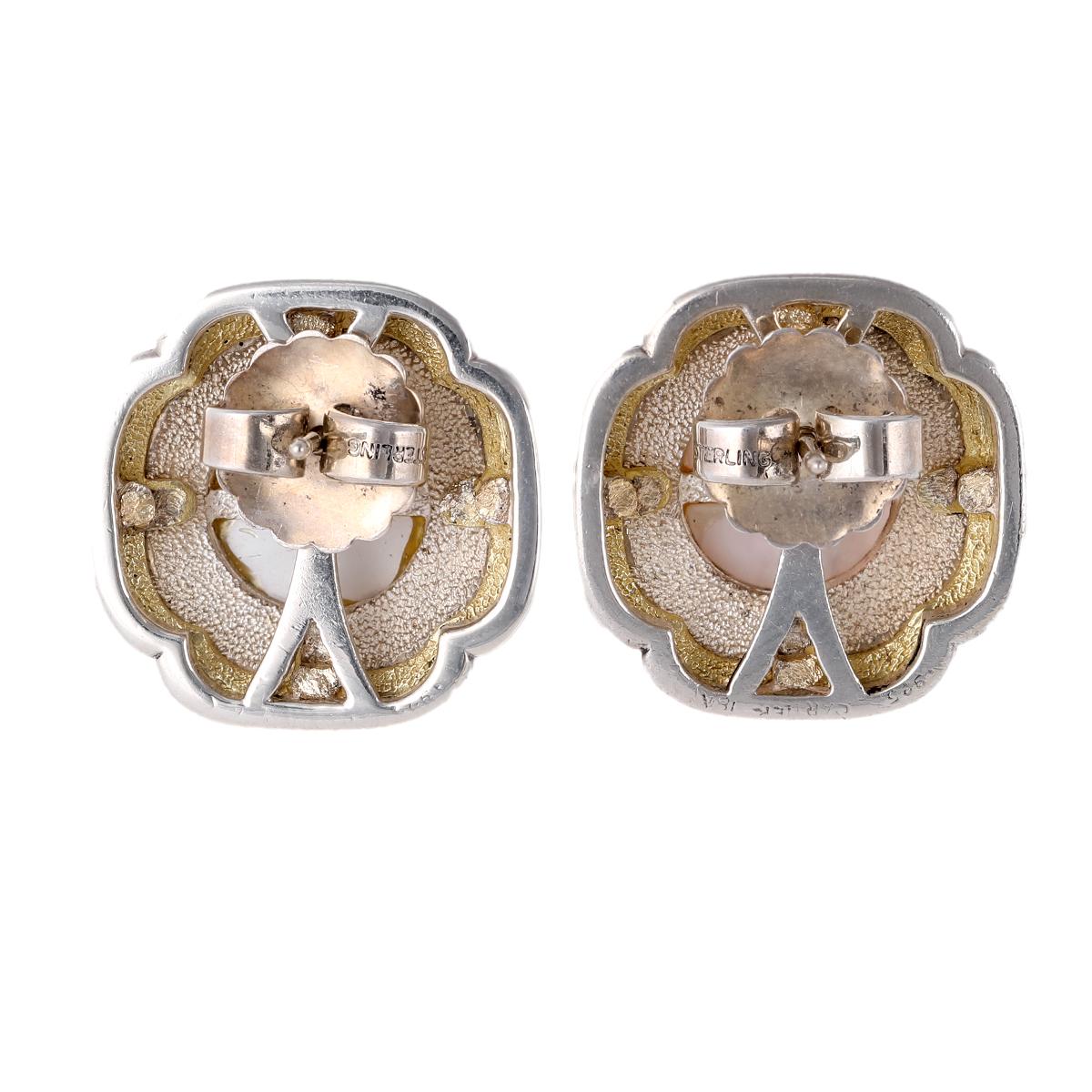 Retro Cartier Pearl Black Enamel Sterling Silver 18k Gold Earrings 1