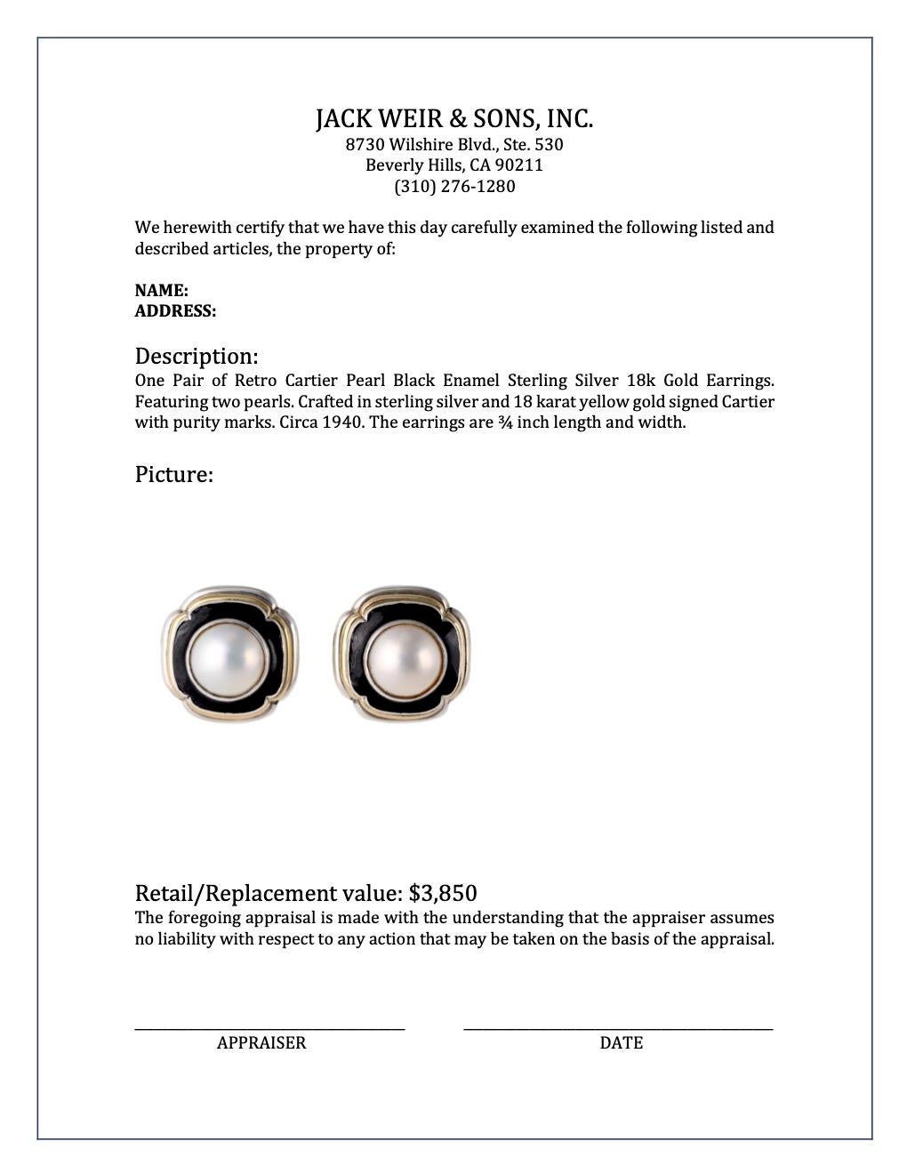 Retro Cartier Pearl Black Enamel Sterling Silver 18k Gold Earrings 2