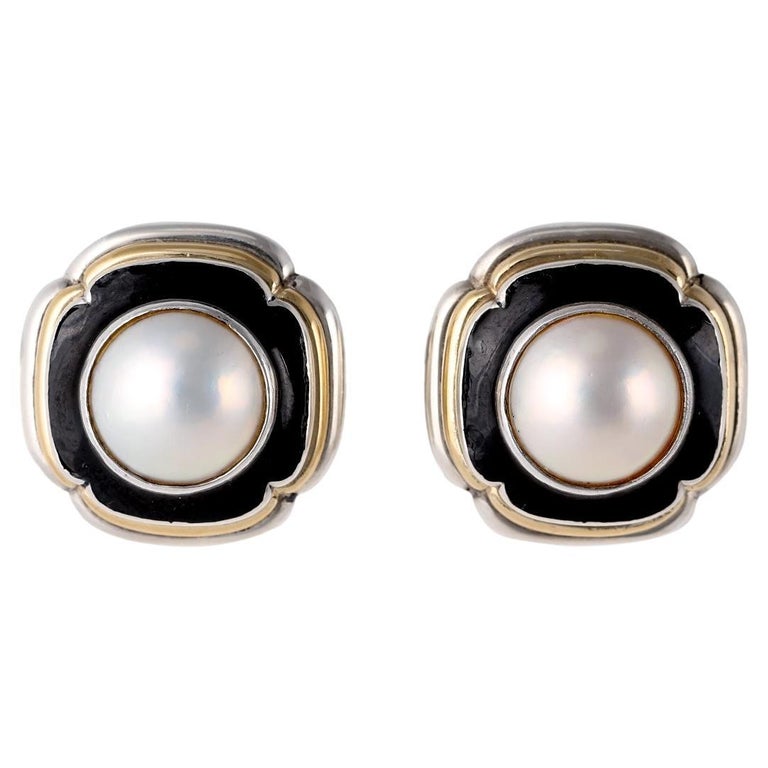 Retro Cartier Pearl Black Enamel Sterling Silver 18k Gold Earrings
