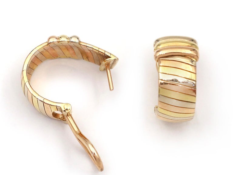 Retro Cartier Tubogas 18kt Tri-Gold Hoop Earrings In Excellent Condition For Sale In Dublin 2, D