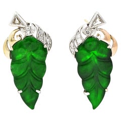 Retro Carved Jade Diamond 14 Karat Two-Tone Gold Vintage Leaf Stud Earrings