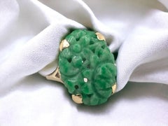 Retro Carved Jade Ring 10K Yellow Gold
