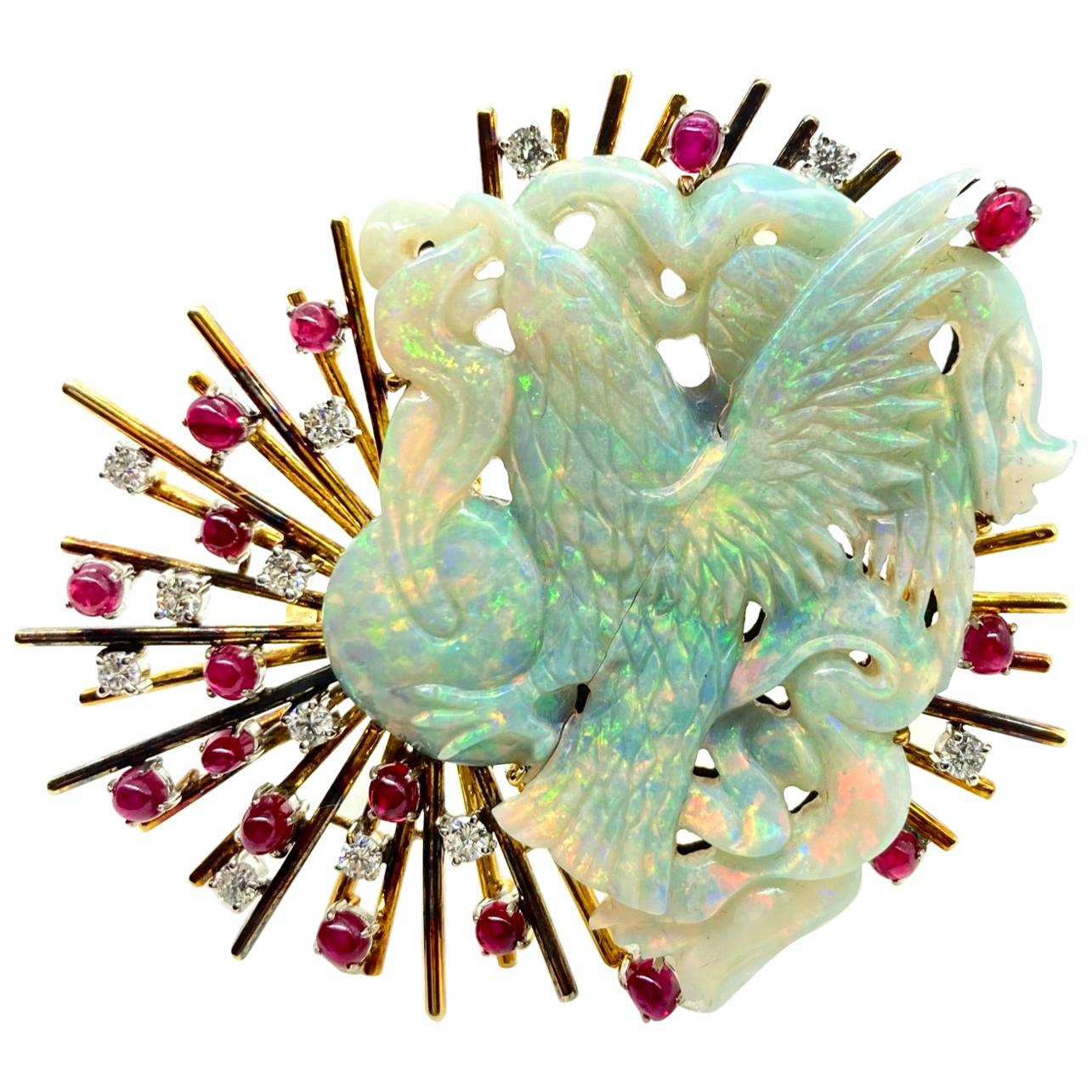 Retro Carved Opal, Ruby, Diamond Yellow Gold Brooch For Sale
