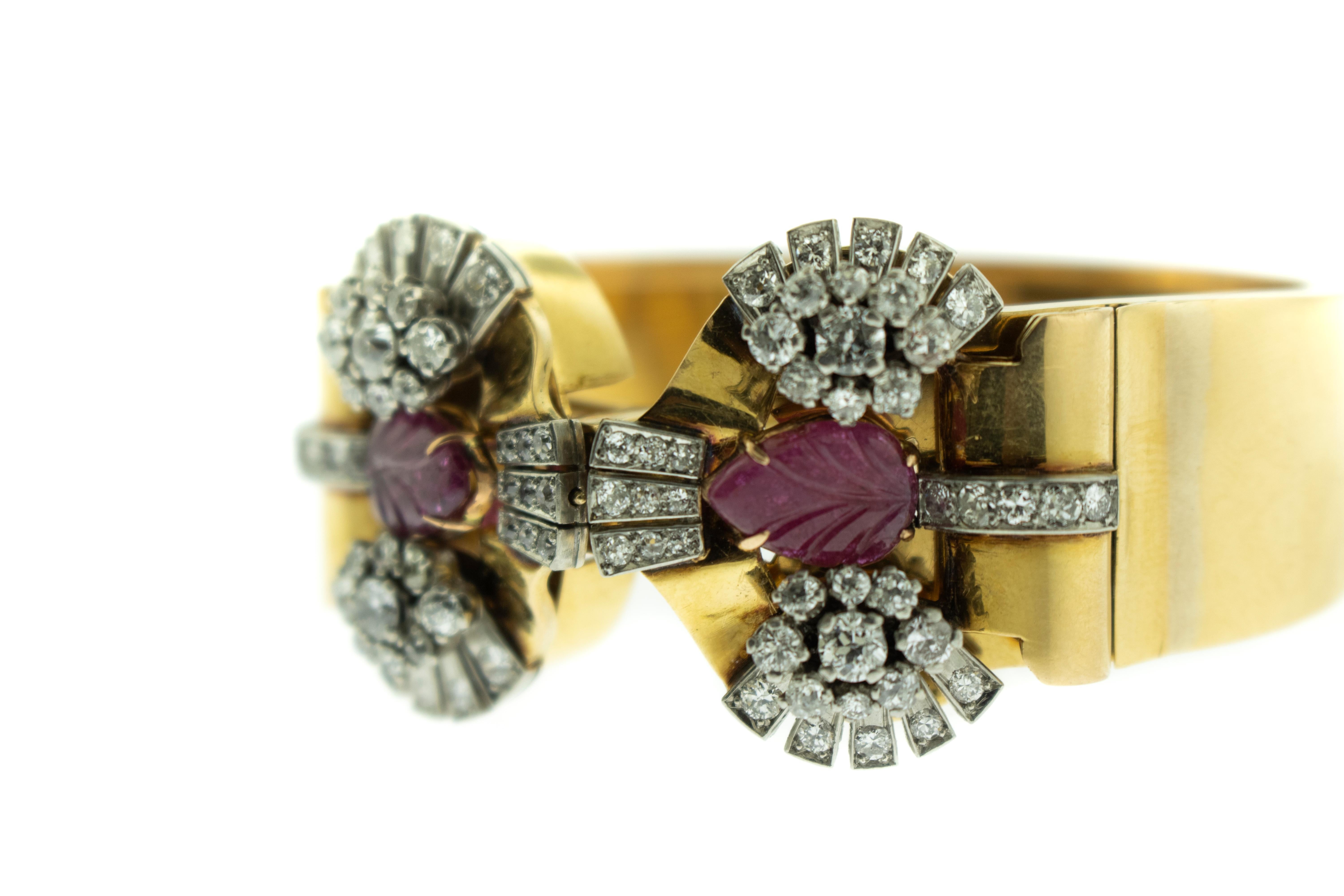 Retro Carved Ruby Diamond Double 18k Gold Clips Detachable bangle. Two Identical carved ruby diamond gold pins come out easily for different wearing options. Total Weight 74.25 Grams