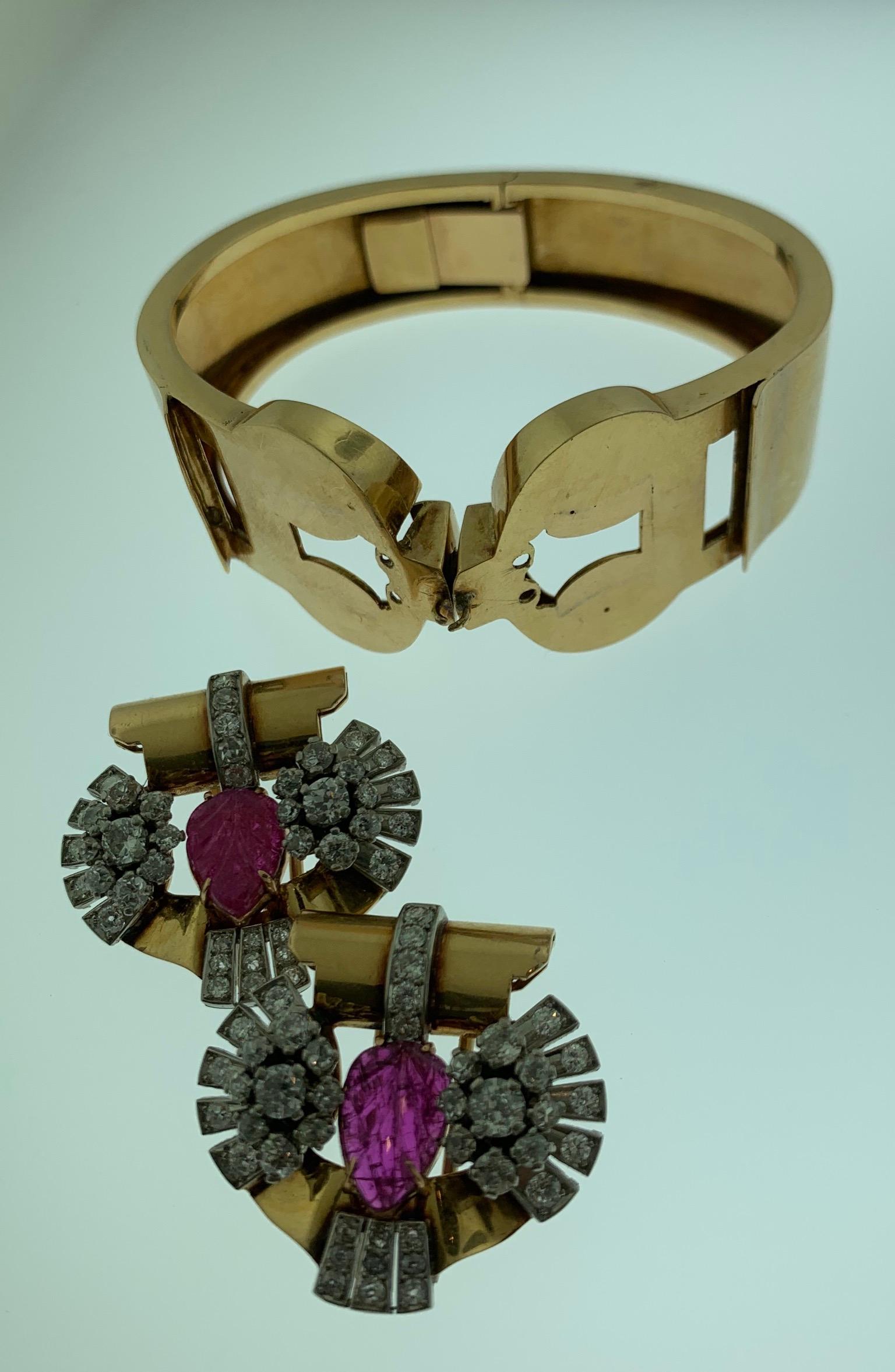Women's or Men's Retro Carved Ruby Diamond Double 18 Karat Gold Clips Detachable Bangle