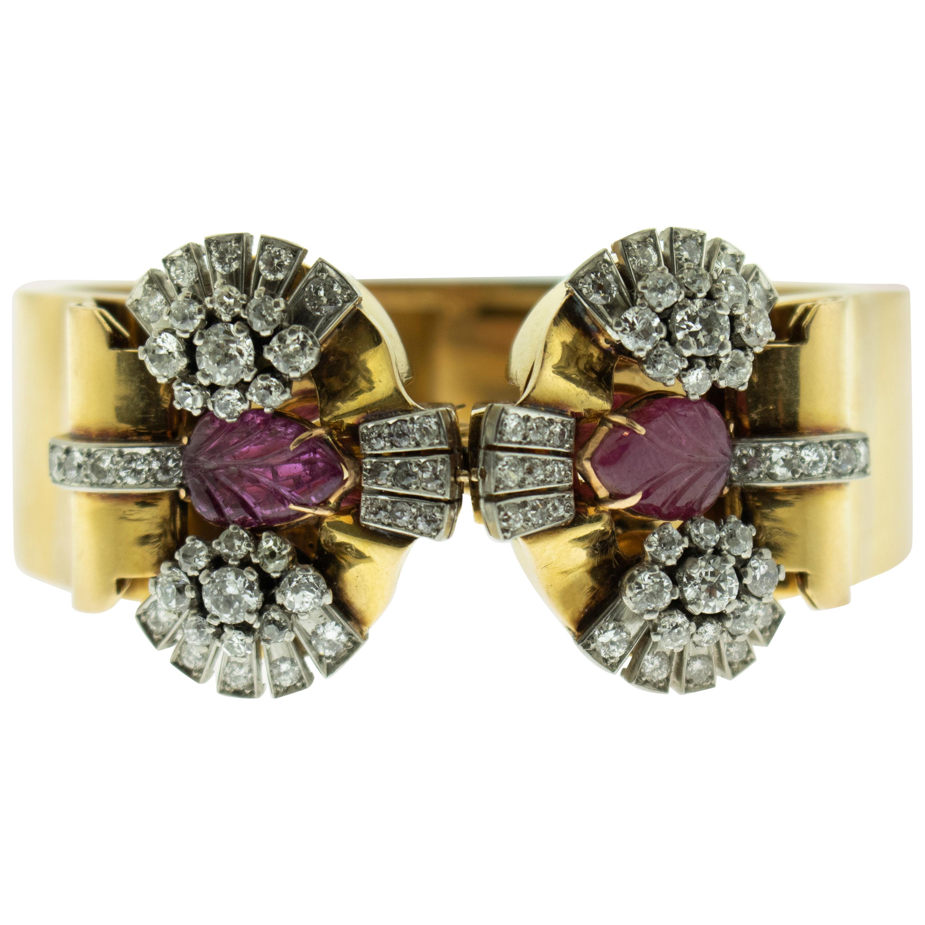 Retro Carved Ruby Diamond Double 18 Karat Gold Clips Detachable Bangle For Sale