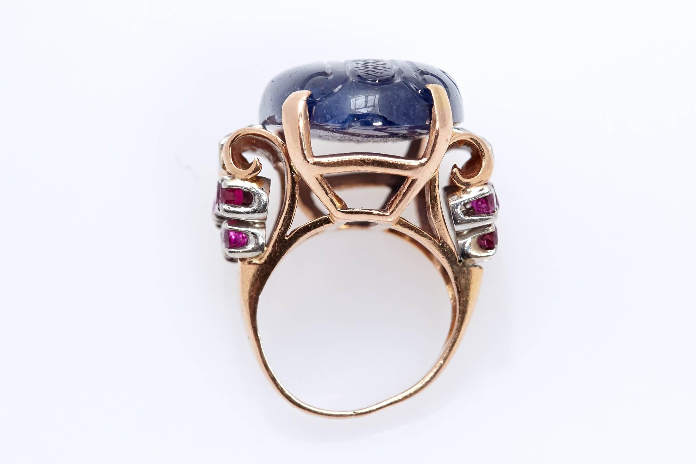 Women's or Men's Retro Carved Sapphire Ruby Diamond Ring