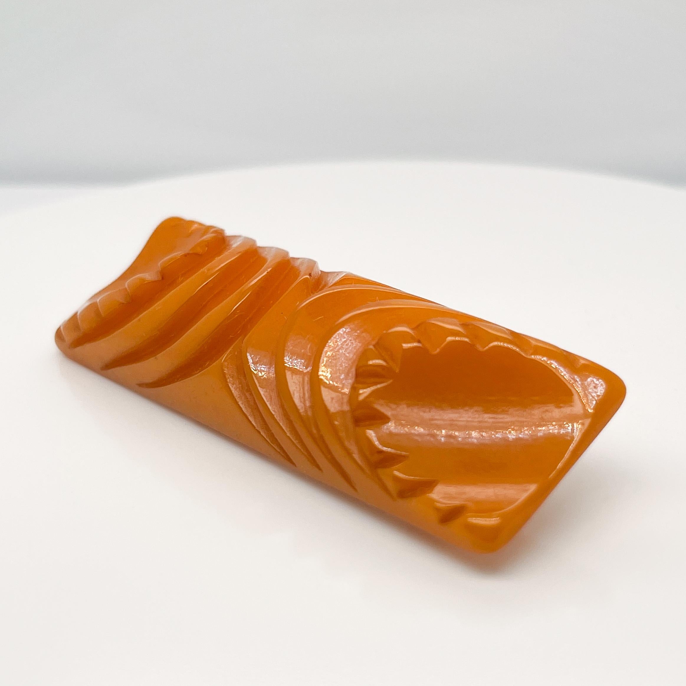 Modern Retro Carved Yellow Bakelite Brooch or Pin For Sale
