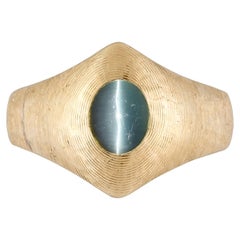 Retro Cat's Eye Ring GIA Blue Green Tourmaline Oval Cabochon Original 1960s 14K