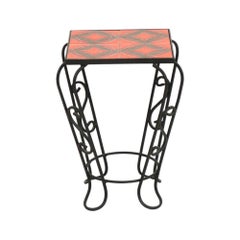 Retro Ceramic Plant Table with 4 Orange Tiles Wrought Iron