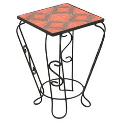 Retro Ceramic Plant Table with 4 Orange Tiles Wrought Iron