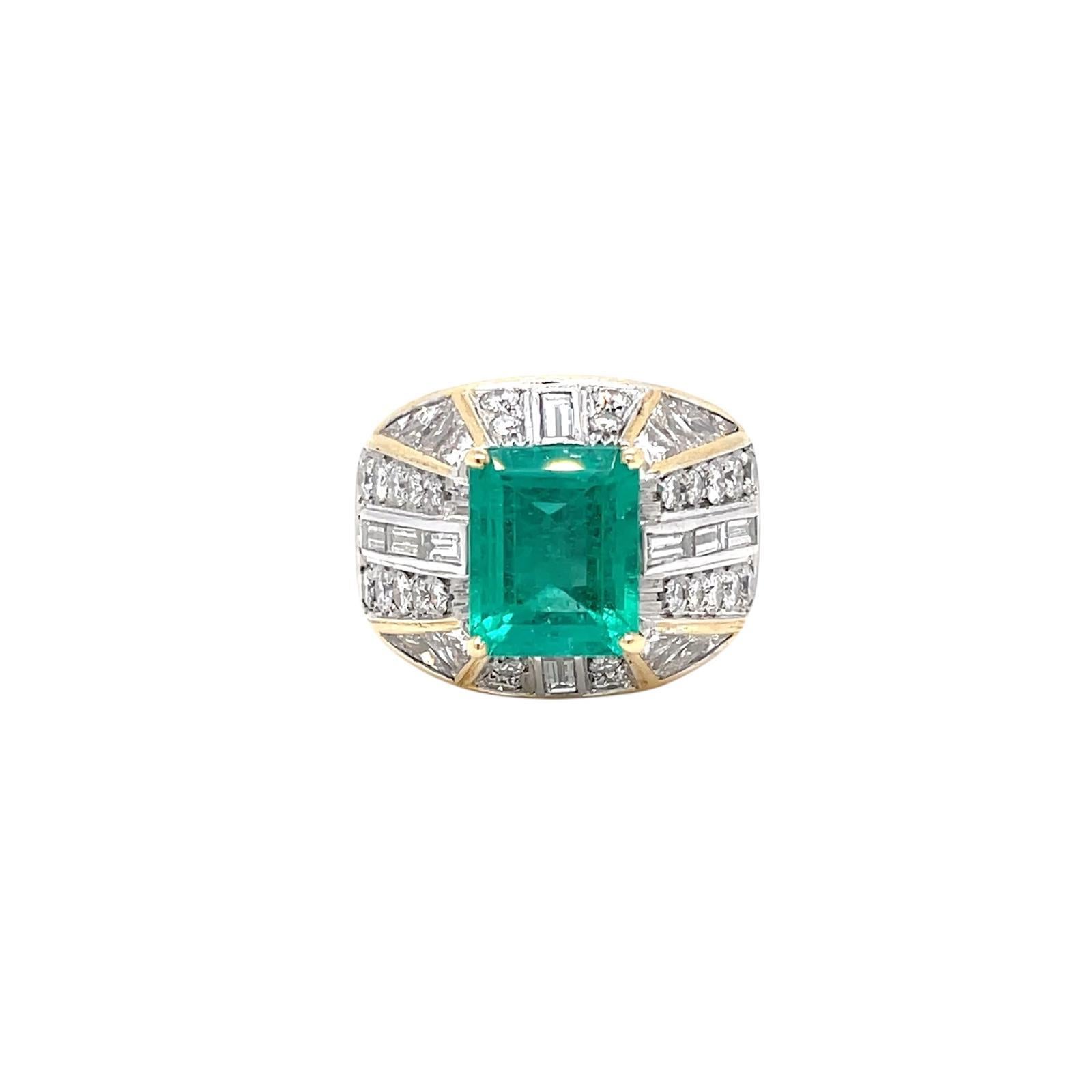 Emerald Cut Retro Certified Colombian Emerald Diamond Cocktail Gold Ring For Sale