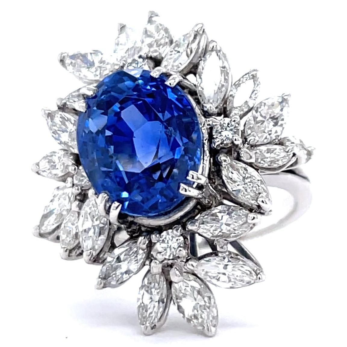 Retro GIA Sapphire Diamond Platinum Cluster Cocktail Ring In Excellent Condition In Beverly Hills, CA