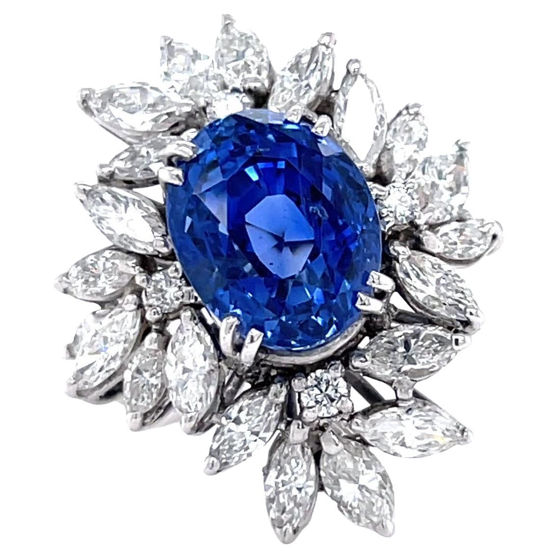 Retro GIA Sapphire Diamond Platinum Cluster Cocktail Ring