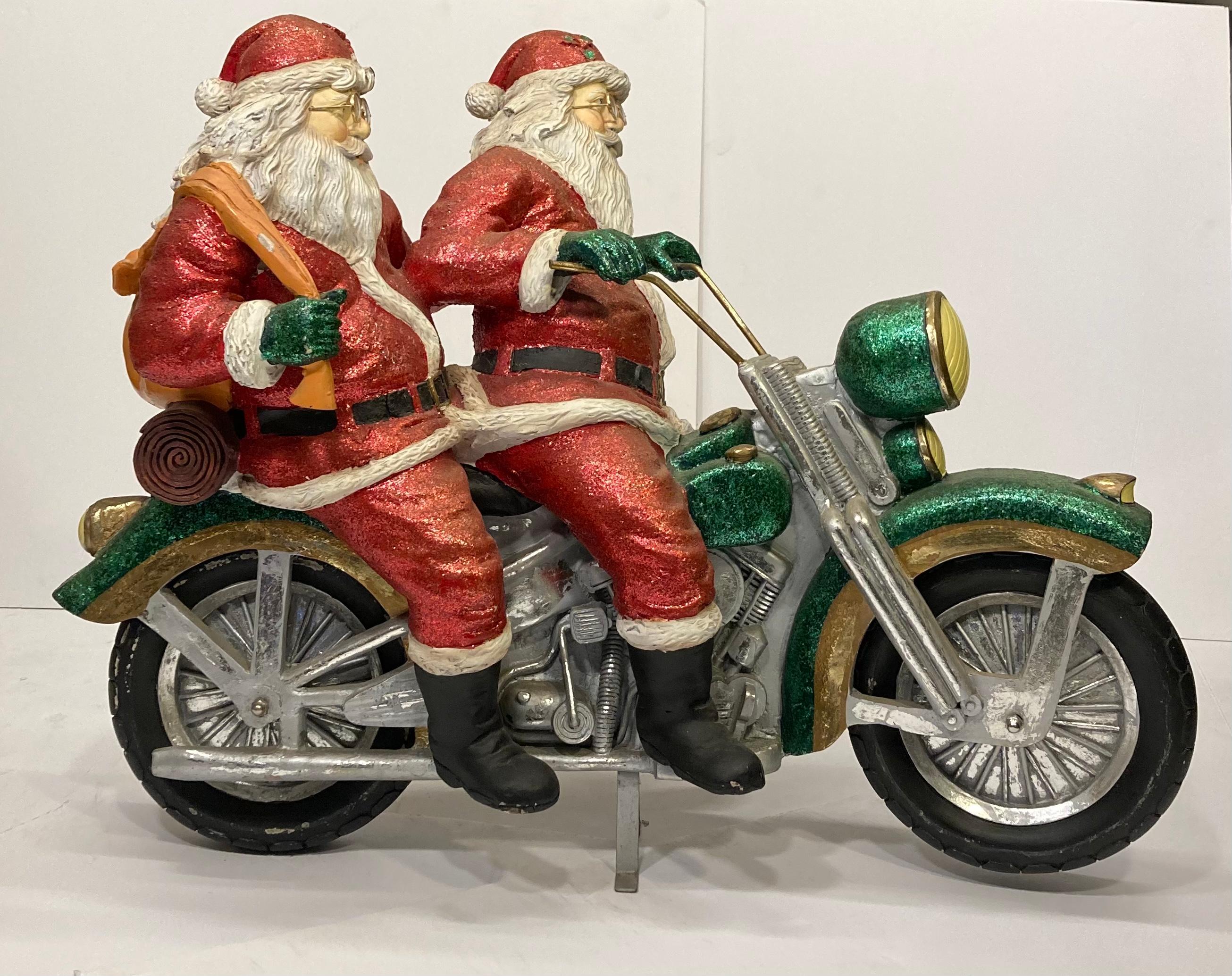 American Retro Christmas Sculpture of Two Santa Clauses on Motorcycle 
