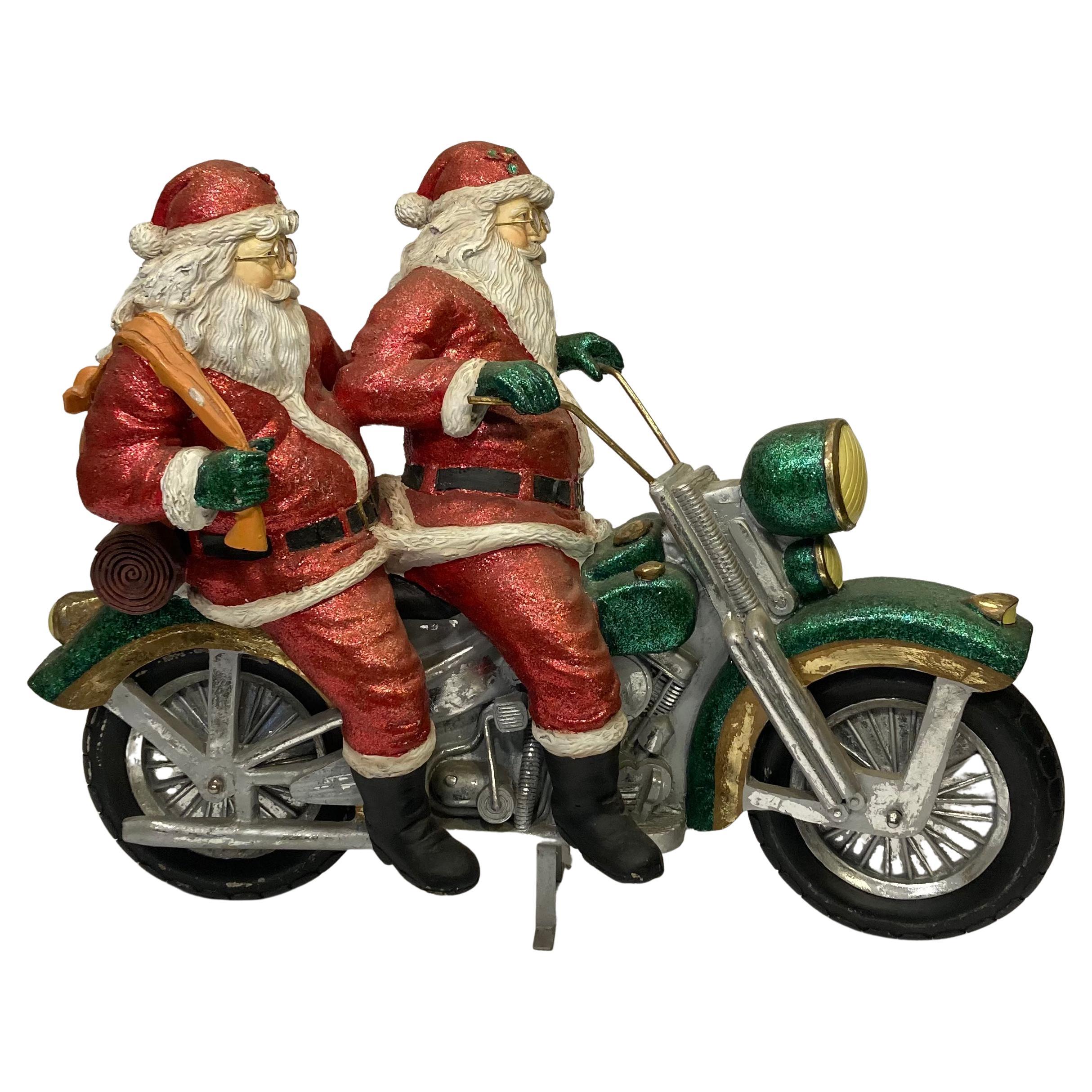 Retro Christmas Sculpture of Two Santa Clauses on Motorcycle 