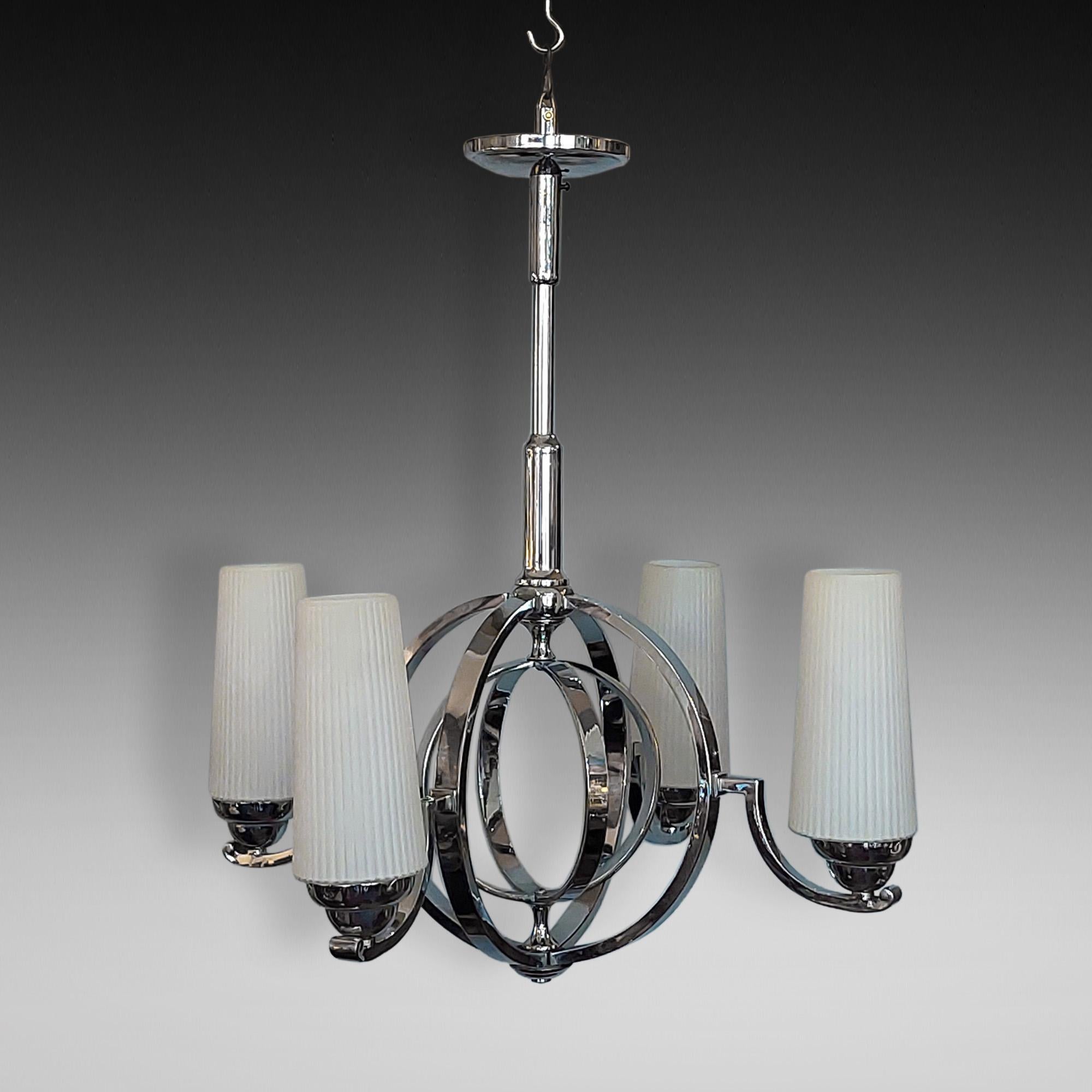 Retro Chrome Bulbous Ceiling Light Fitting with Fluted Conical Frosted Glass Shades - - all lights and lamps have been rewired with authentic corded flex, fitted with either foot switch or finger clicker switch and are Pat tested - 20