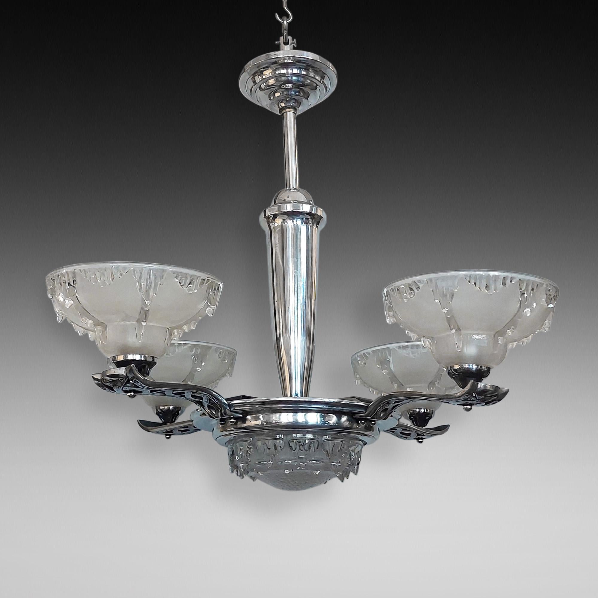1970's Retro Chrome Chandelier - with 4 Curved Arms Supporting Frosted Glass Dishes  coming from an Upturned Bowl Supported by a Tapered Column - - all lights and lamps have been rewired with authentic corded flex, fitted with either foot switch or