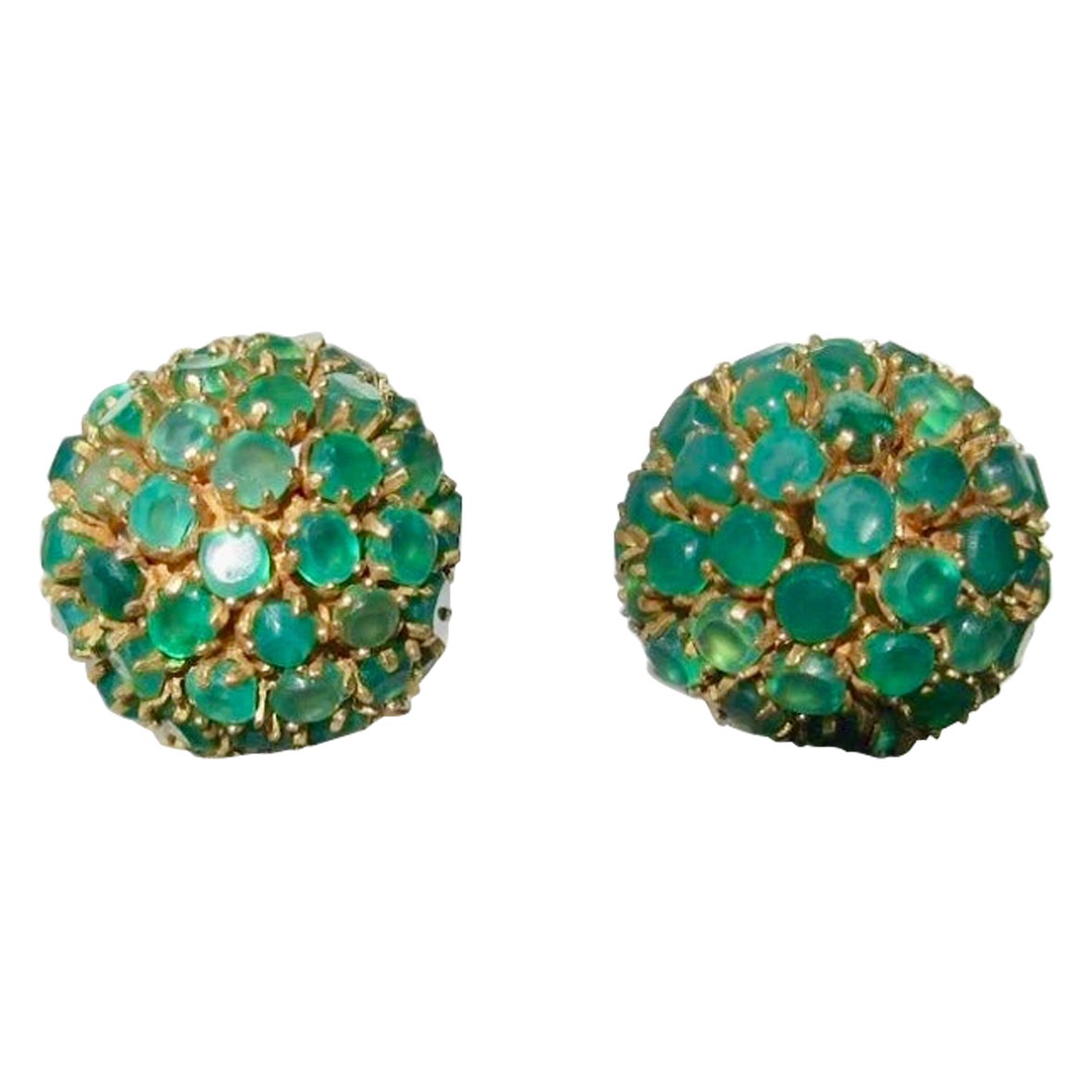 Boucles d
oreilles Retro Chrysophrase Dome Or Jaune 14K Art Deco Mid-Century Modern en vente
