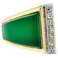 Retro Chrysoprase Diamond and 18K Yellow Gold Abstract Ring