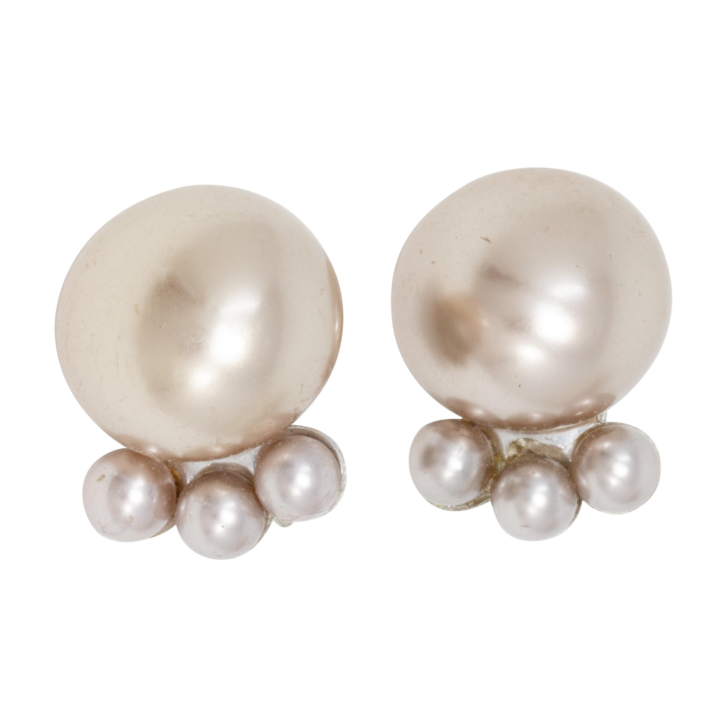 Retro Chunky Faux Pearl Crystal Clip on Earrings, Silver, Mid 1900s