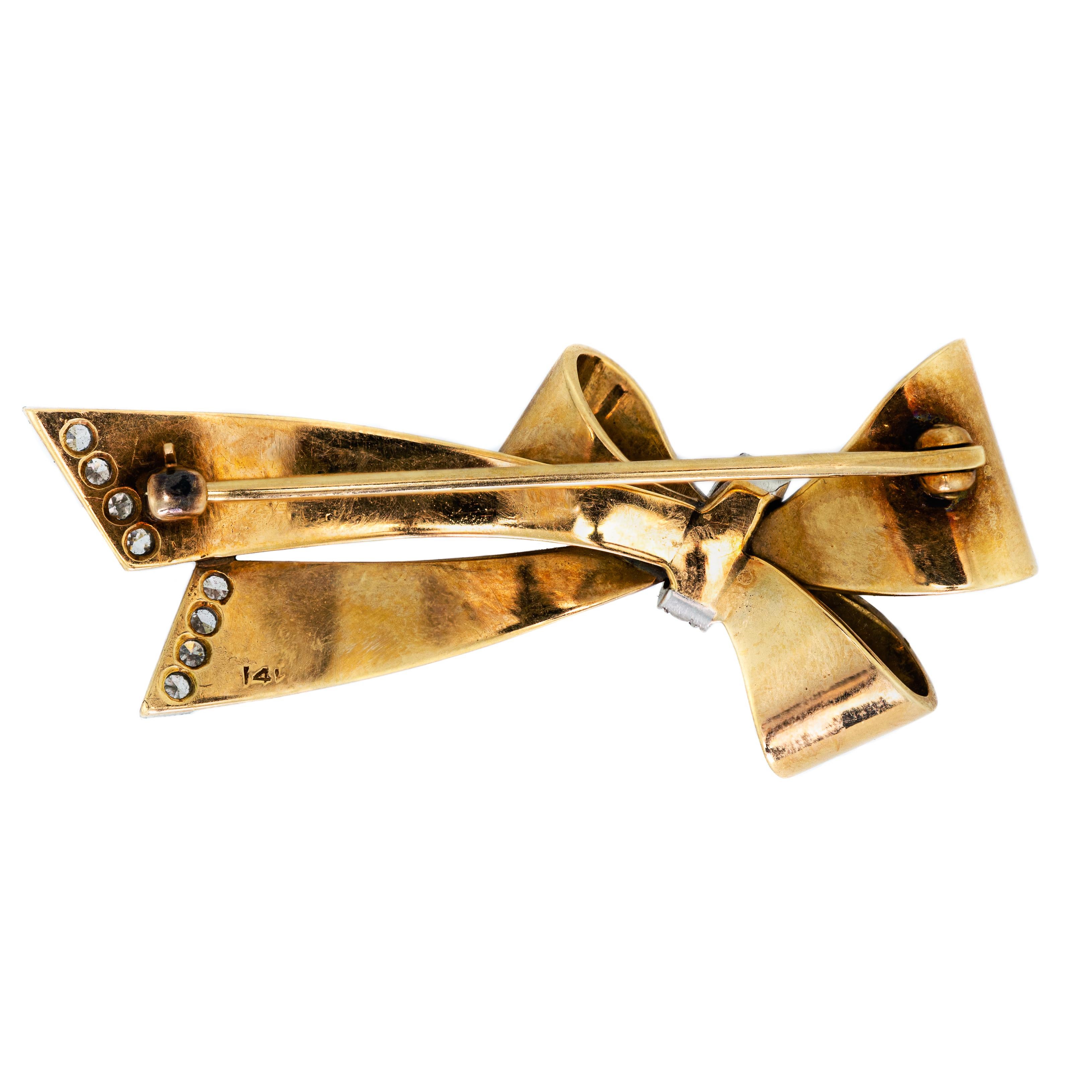 Charming Retro circa 1935 diamond yellow gold stylized bow brooch very pretty neat tailored look - 14kt yellow gold (quality mark reverse) and diamond set with small single cut and full cut round diamonds - Fine detailed gold work - measures