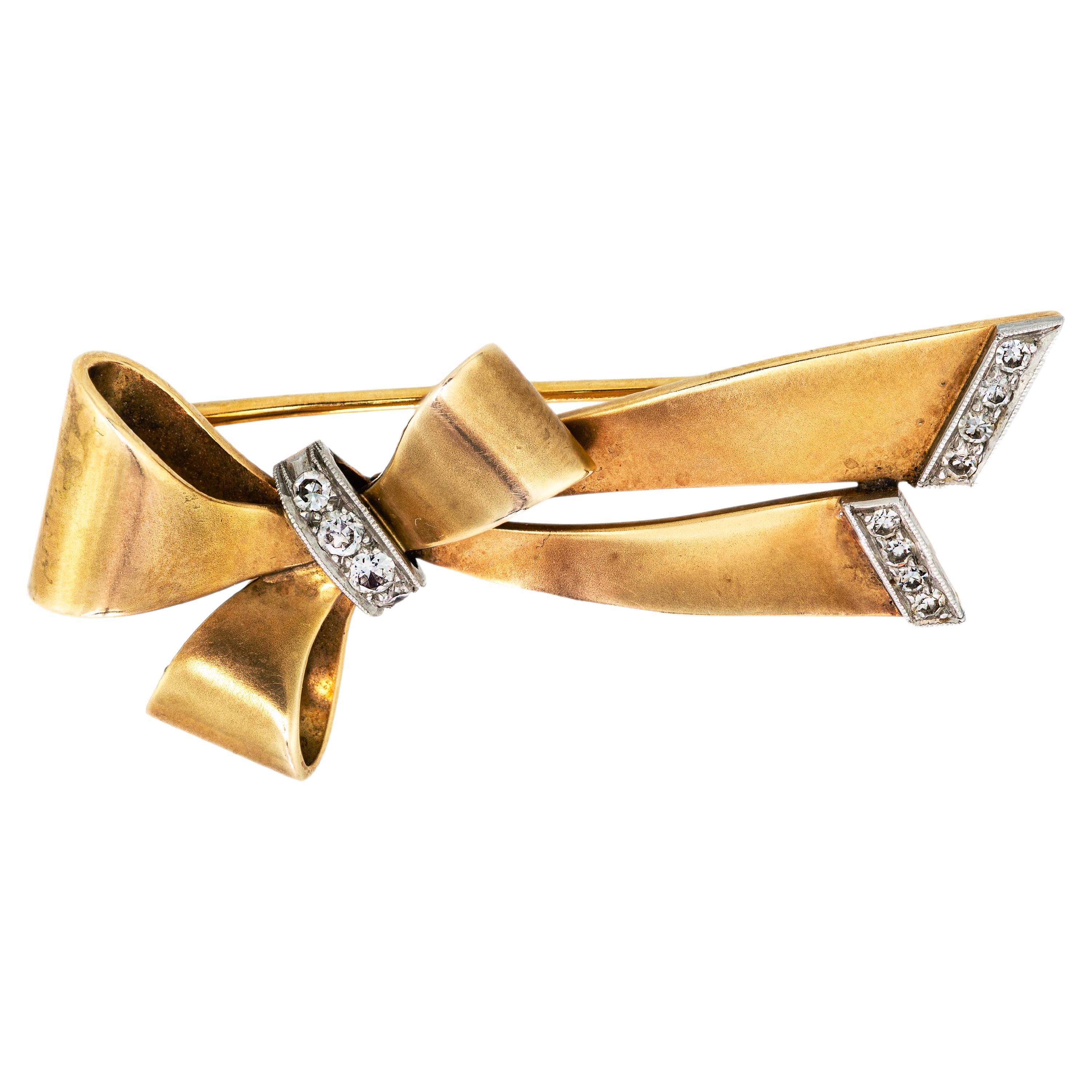 Retro Circa 1935 Diamond Yellow Gold Stylized Bow Brooch