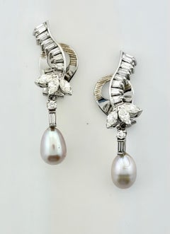 Retro Circa 1940s Platinum Diamond & Pear-Shape Pearl Drop Earrings